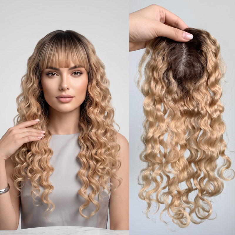 Full Hand tied Base Curly Wavy Human Hair Toppers Clip in Topper for Women