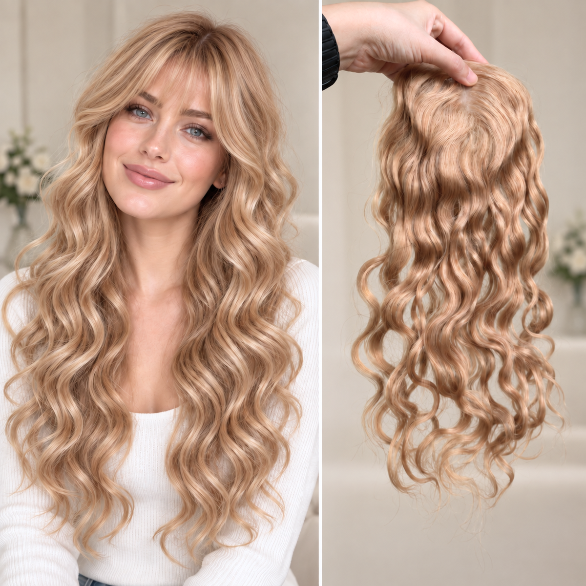 Full Hand tied Base Curly Wavy Human Hair Toppers Clip in Topper for Women