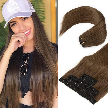 Light Brown Clip in Hair Extensions | 100% Human Hair