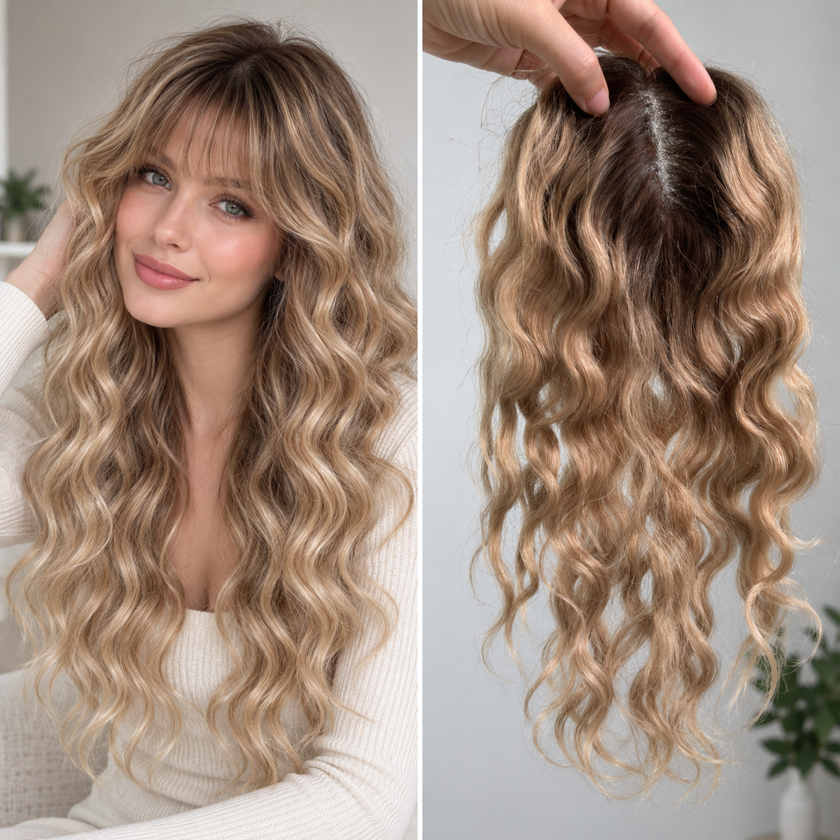 Full Hand tied Base Curly Wavy Human Hair Toppers Clip in Topper for Women