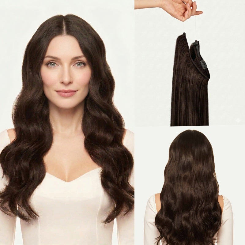 100% Human Hair Halo Extensions - Chestnut Brown Highlights