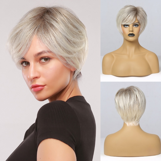 Short Platinum Blonde Bob Wig with Bangs for Women, Synthetic Heat Resistant Fiber Hair Wigs
