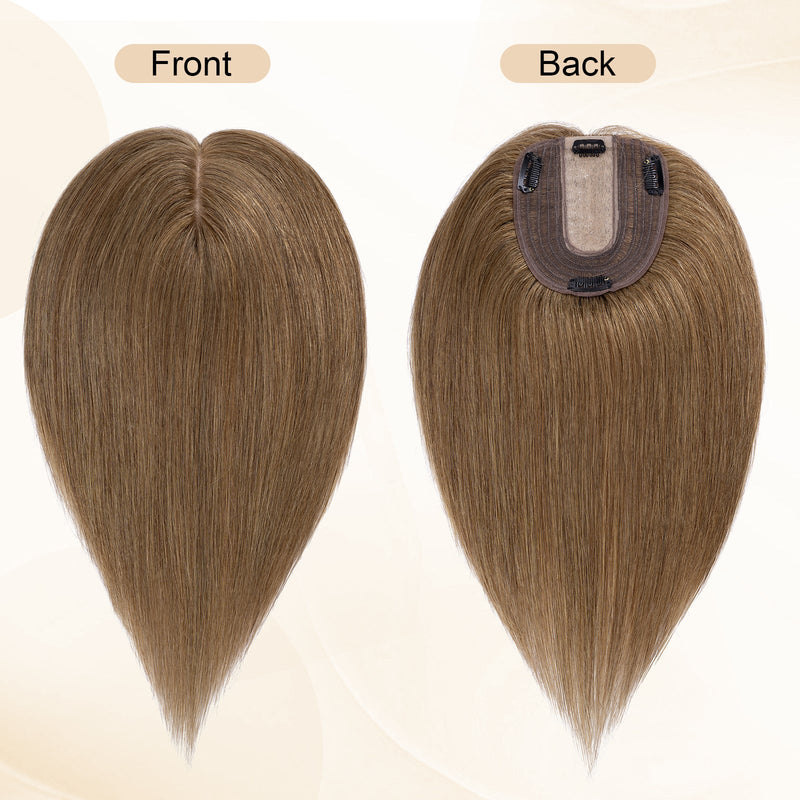 Complete light brown VivaCrown silk base topper shown from the front and back