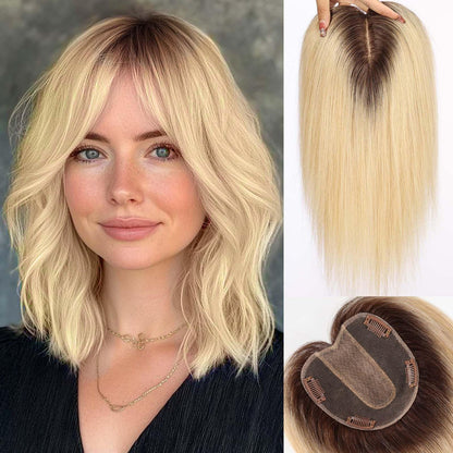 Full Hand-tied Mono Base Hair Topper NO Bangs Clip-in Thick Hairpiece for Women