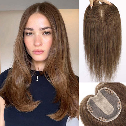 フルハンドタイモノベースヘアトッパー、前髪なし、クリップイン式、女性用厚手ヘアピース