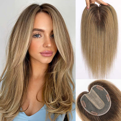 Full Hand-tied Mono Base Hair Topper NO Bangs Clip-in Thick Hairpiece for Women