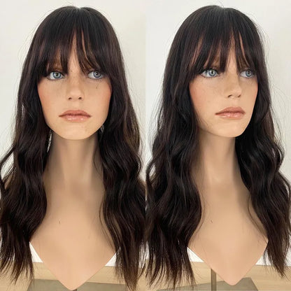 ナチュラルなボディウェーブ、フリンジ付きリアルヘアトッパー、前髪付き人毛トッパー