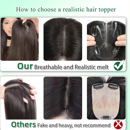 Flash Sale 🔔 Hand Tied Swiss Lace Base Real Human Clip In Hair Topper for Women Human Hair