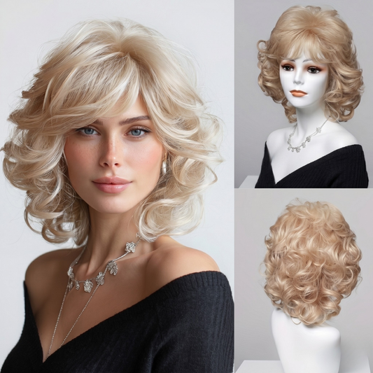 Wavy Bob Wig with Bangs for Women - Blonde Synthetic Wig