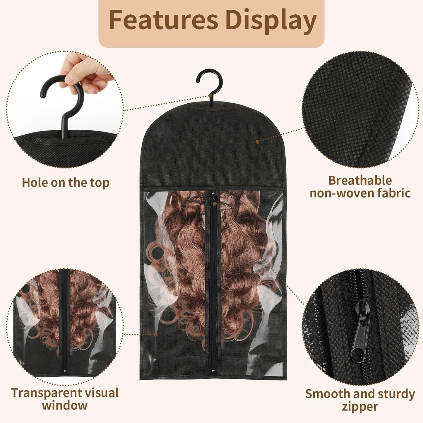 2 pcs Portable Topper Storage Bags with Hanger Black Hair Extension Storage for Multiple Topper
