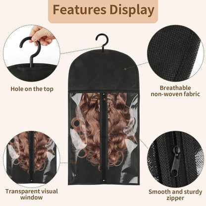 2 pcs Portable Topper Storage Bags with Hanger Black Hair Extension Storage for Multiple Topper