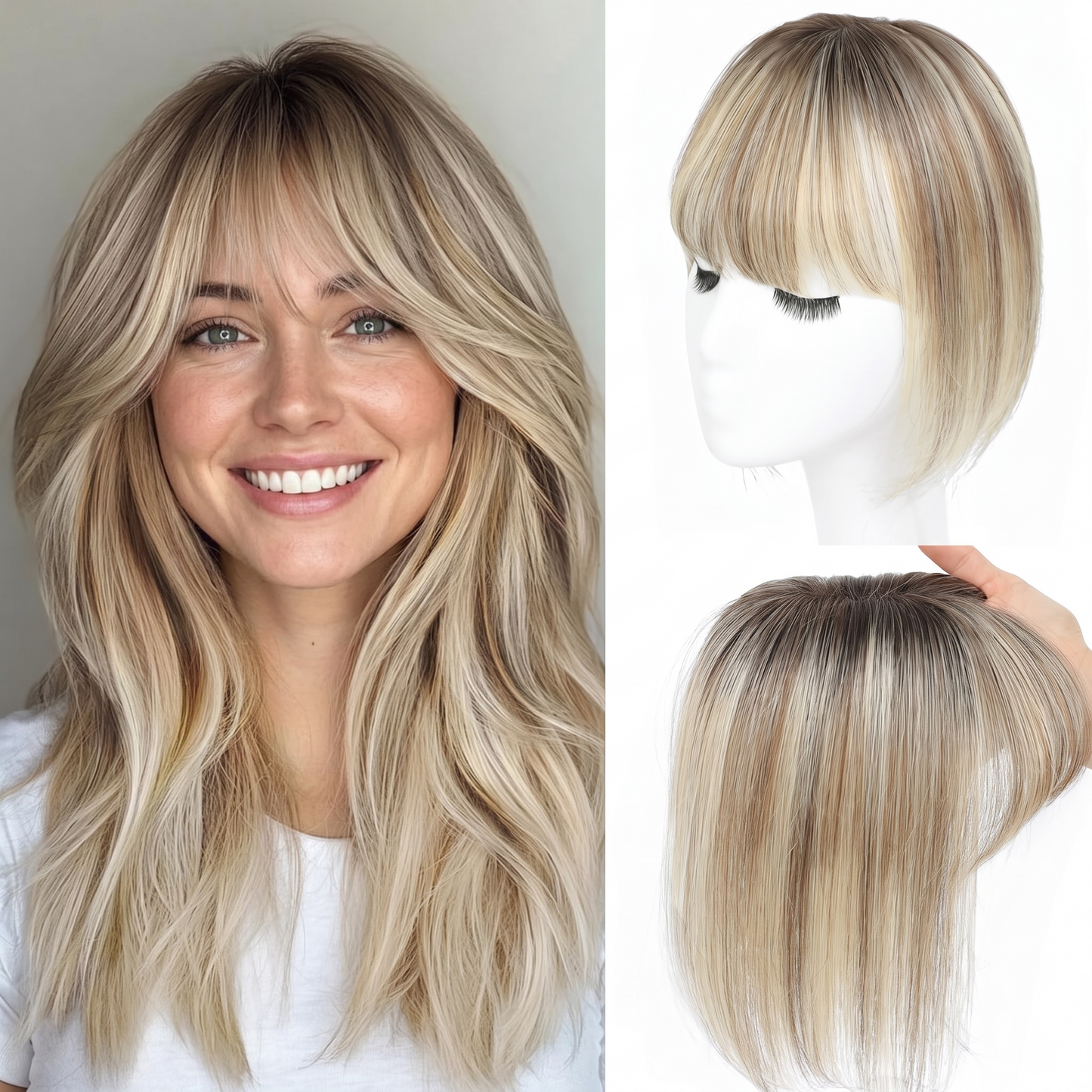 Postizos de cabello humano liso para mujer, extensiones de cabello humano real con flequillo, para cabello fino y fino. 