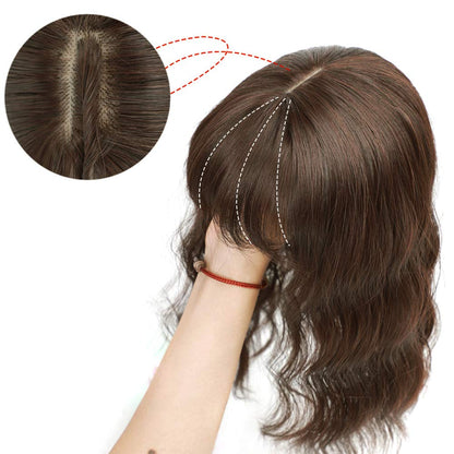Brown Wavy Human Hair Topper Hairpieces with Bangs for Women