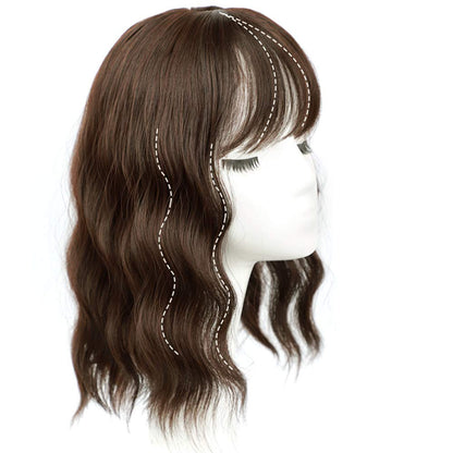 Brown Wavy Human Hair Topper Hairpieces with Bangs for Women