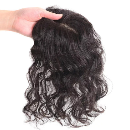 Brown Wavy Human Hair Topper Hairpieces with Bangs for Women