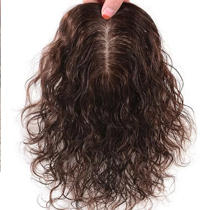 Brown Wavy Human Hair Topper Hairpieces with Bangs for Women