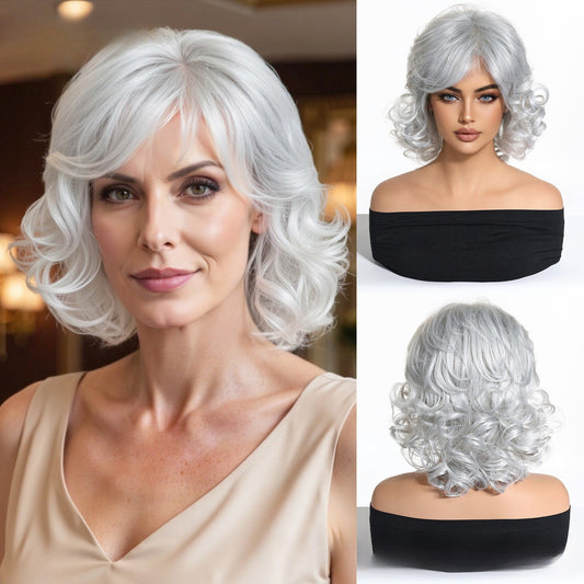 Short Curly Silver White Wigs for Women - Layered Wavy Synthetic Wig with Fringe