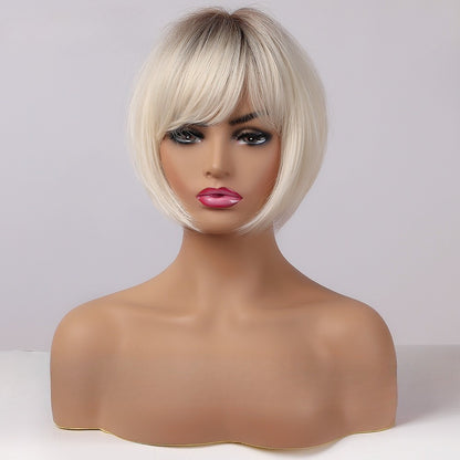 Short Blonde Bob Wig with Bangs for Women, Ombre Mixed Brown Synthetic Hair Wig