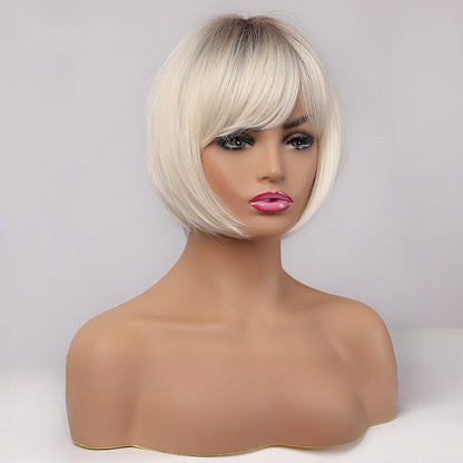 Short Blonde Bob Wig with Bangs for Women, Ombre Mixed Brown Synthetic Hair Wig