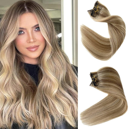 Light Brown Clip in Hair Extensions | 100% Human Hair