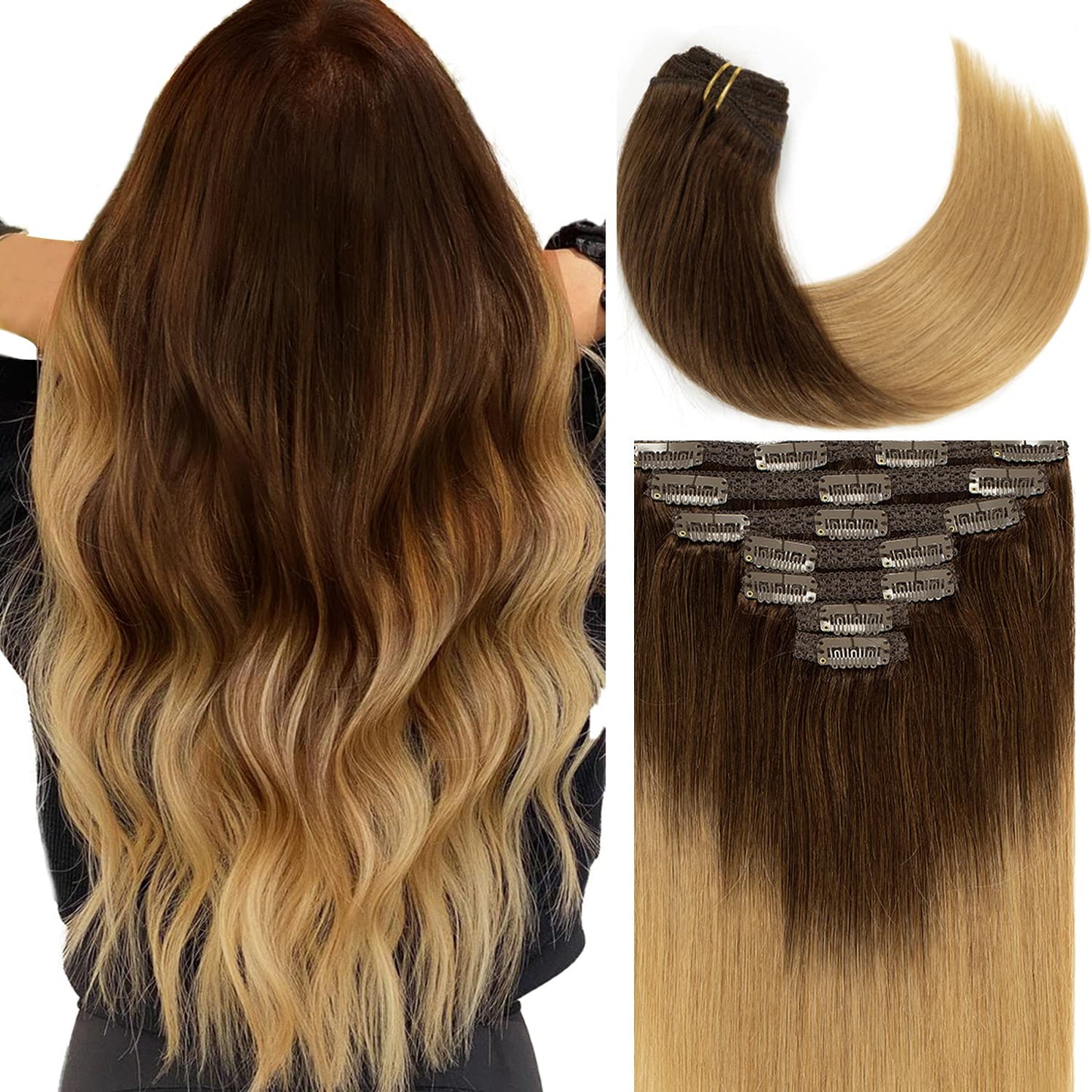Light Brown Clip in Hair Extensions | 100% Human Hair