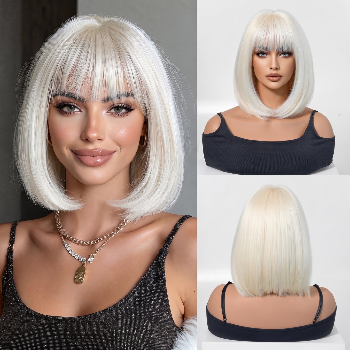 Classic White BOB Wig with Bangs — Short Straight Bobo Hairpiece for Women