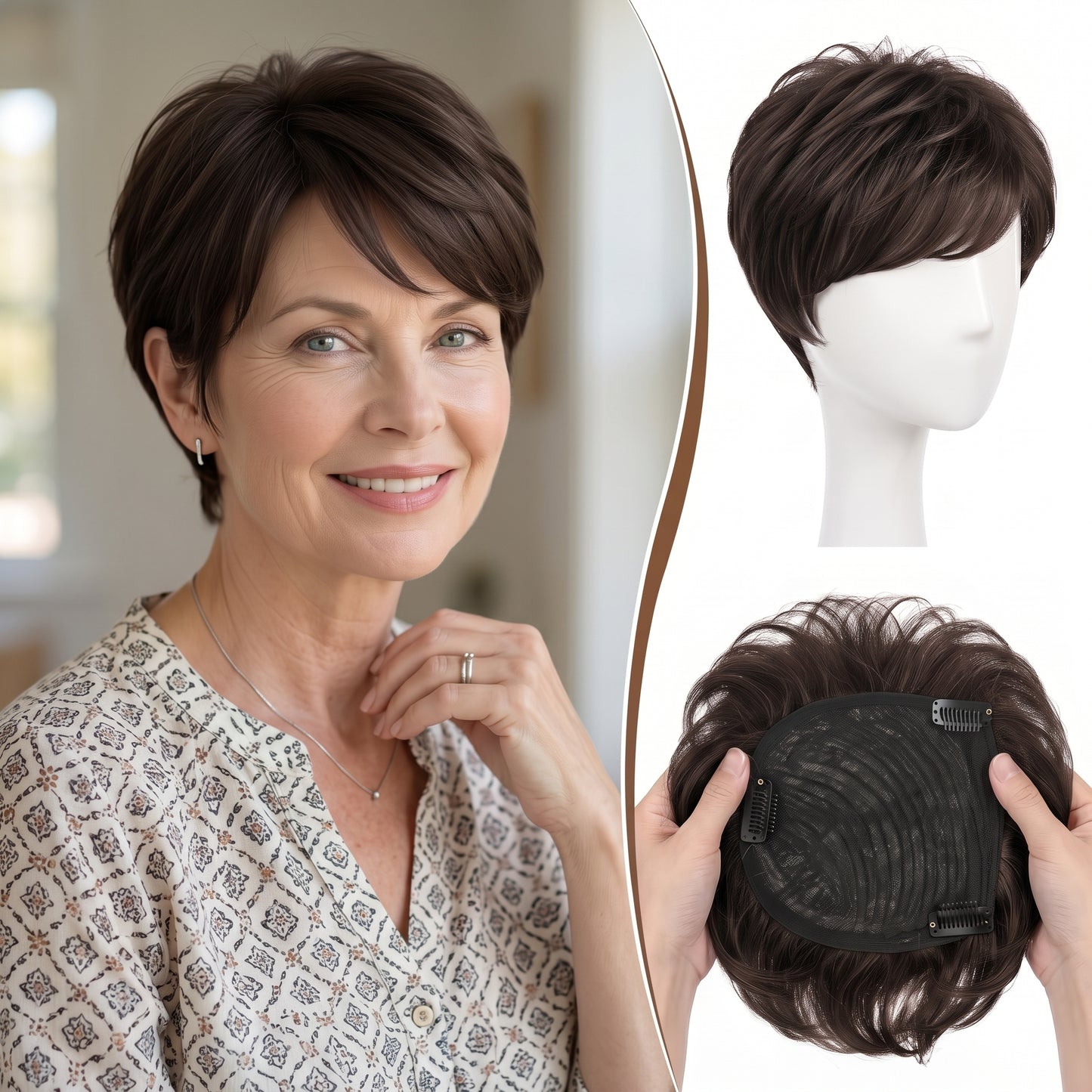 Instant Volume Short Hair Topper - Seamless Clip-In Coverage for Fine & Thinning Hair