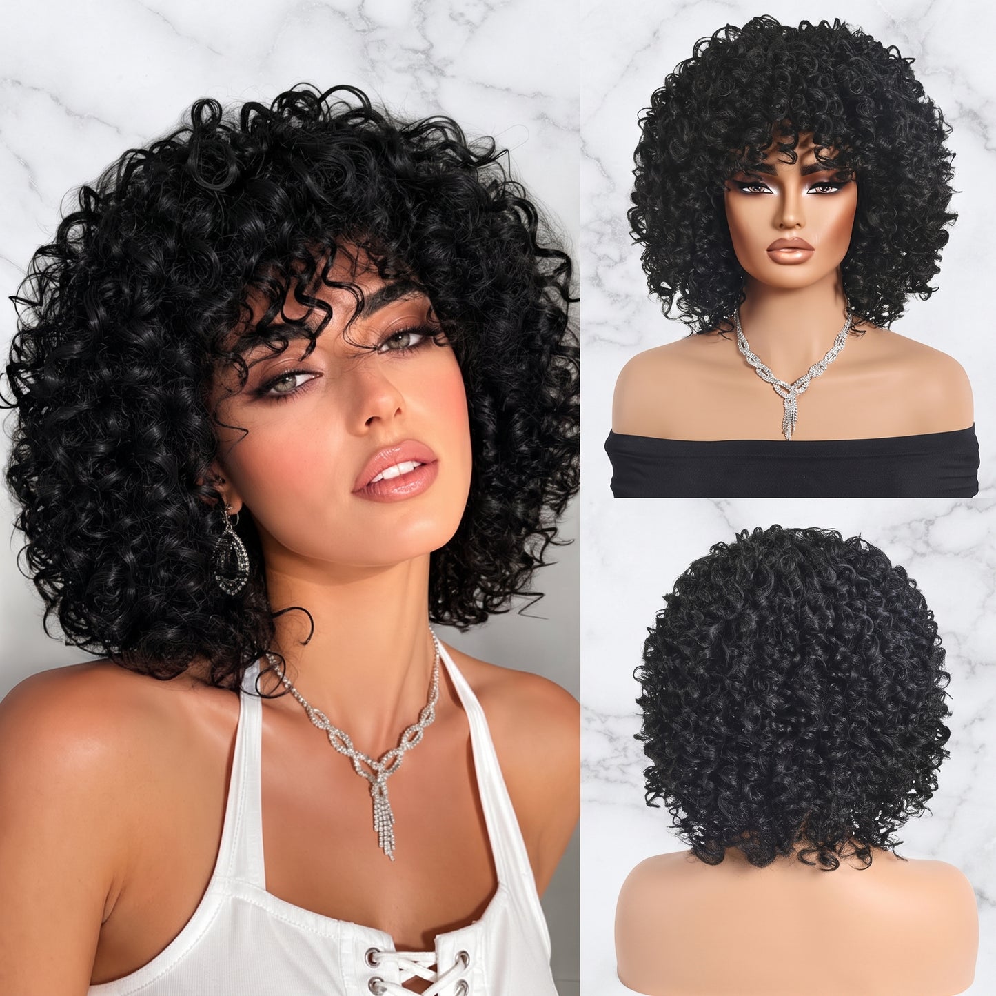 Voluminous Black Short Curly Wig — Fluffy African Curly Synthetic Hairpiece for Women
