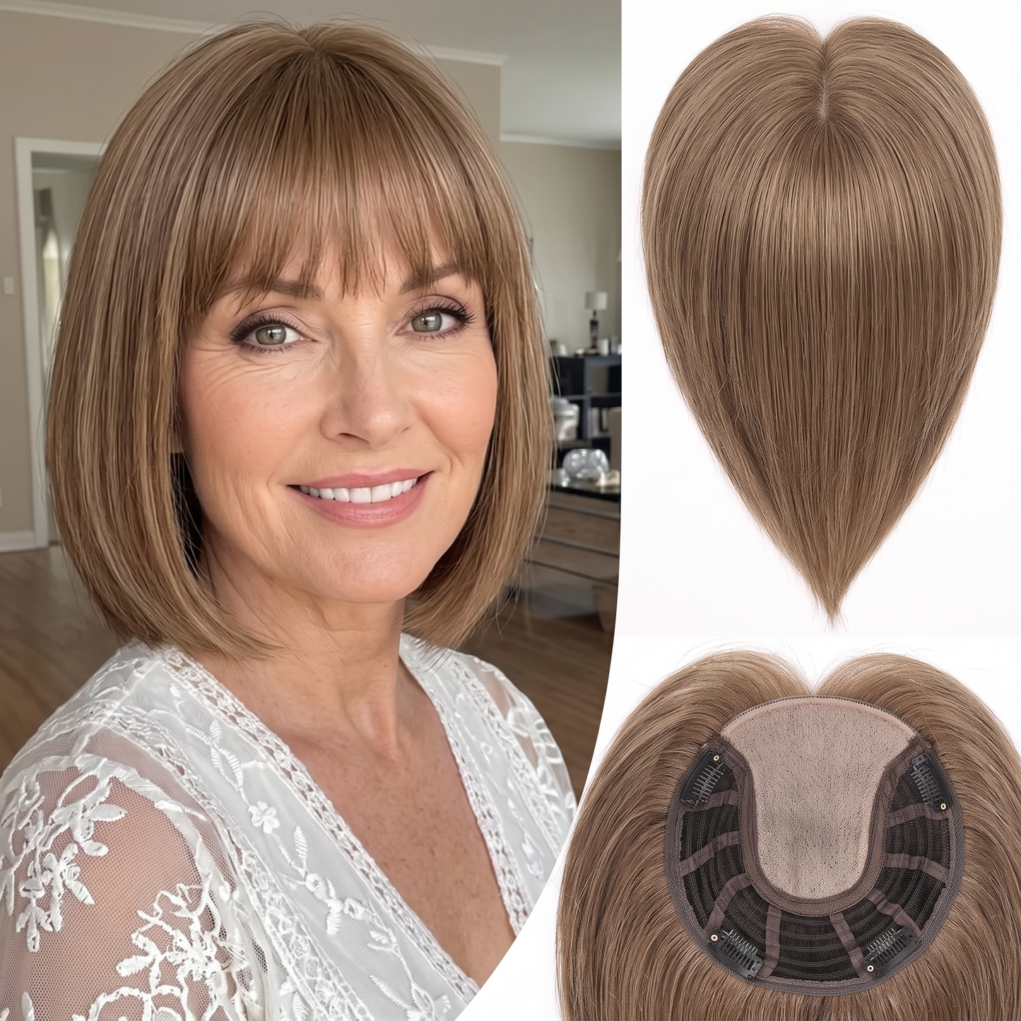 Straight Bob Hair Topper with Bangs – Instant Crown Volume & Coverage for Thinning Hair