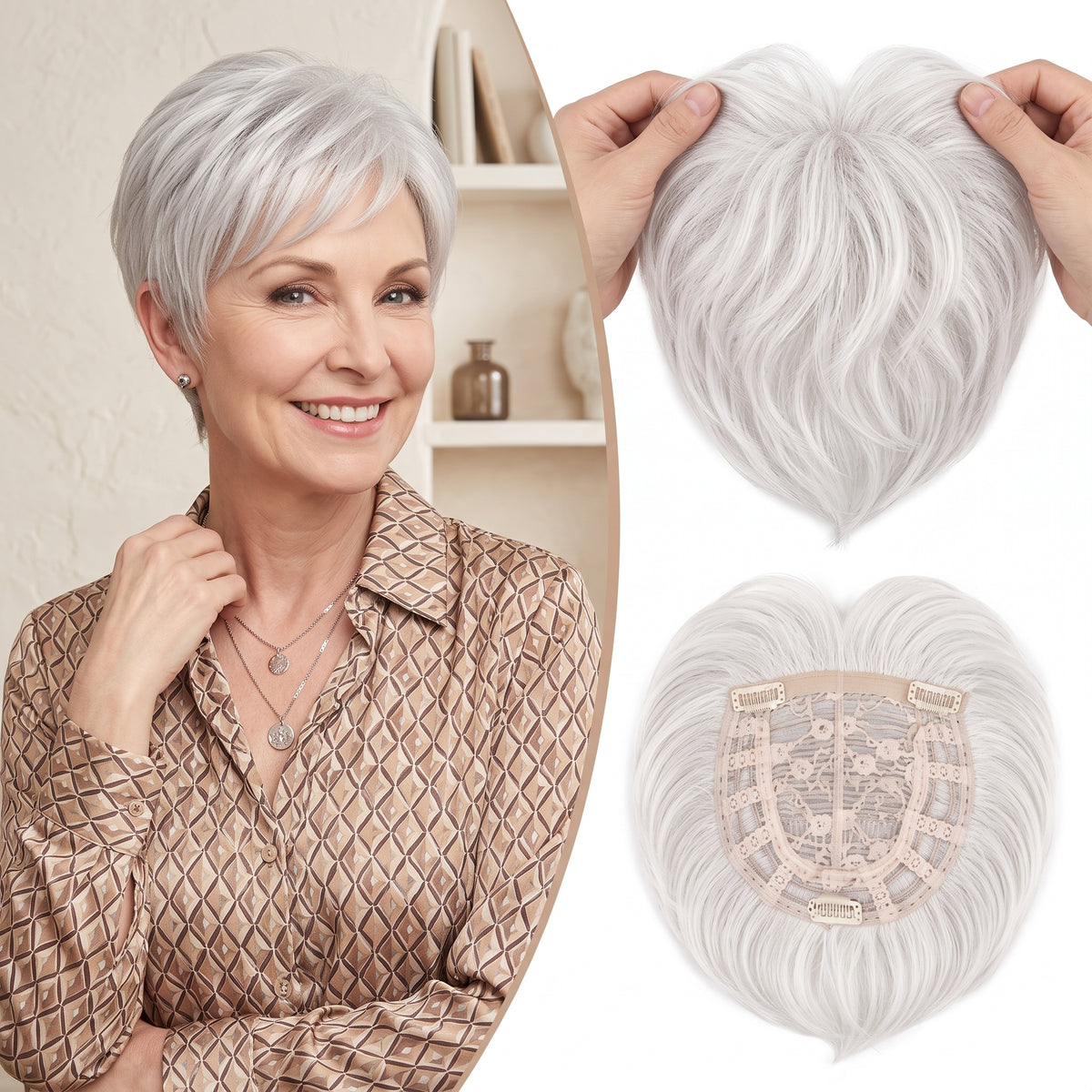 2025年ホットセール 通気性とナチュラル性に優れた薄毛女性用ショートヘアトッパー
