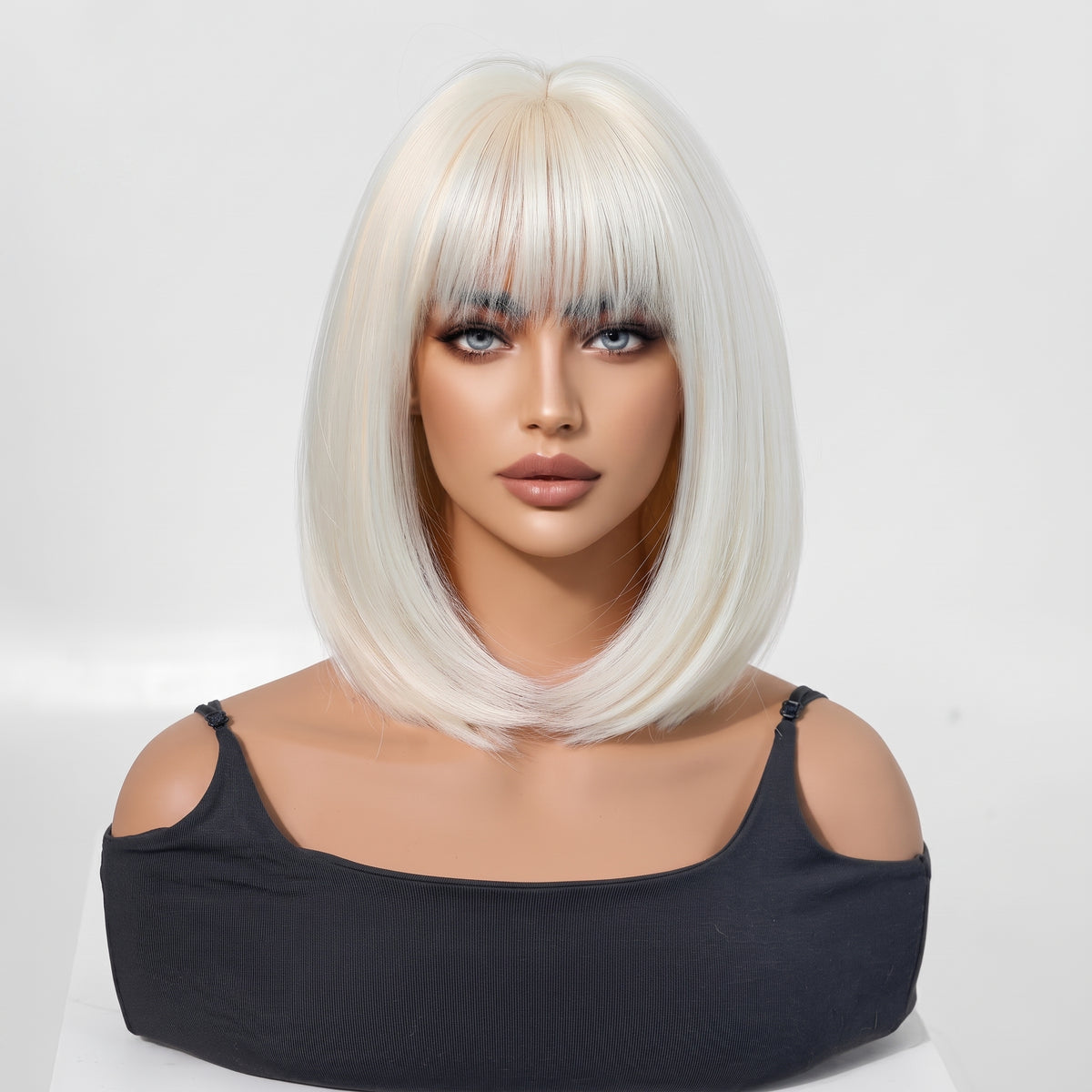 Classic White BOB Wig with Bangs — Short Straight Bobo Hairpiece for Women