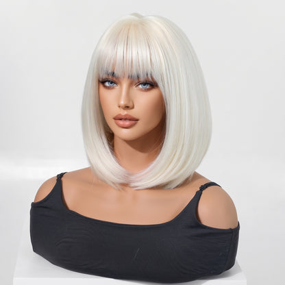 Classic White BOB Wig with Bangs — Short Straight Bobo Hairpiece for Women