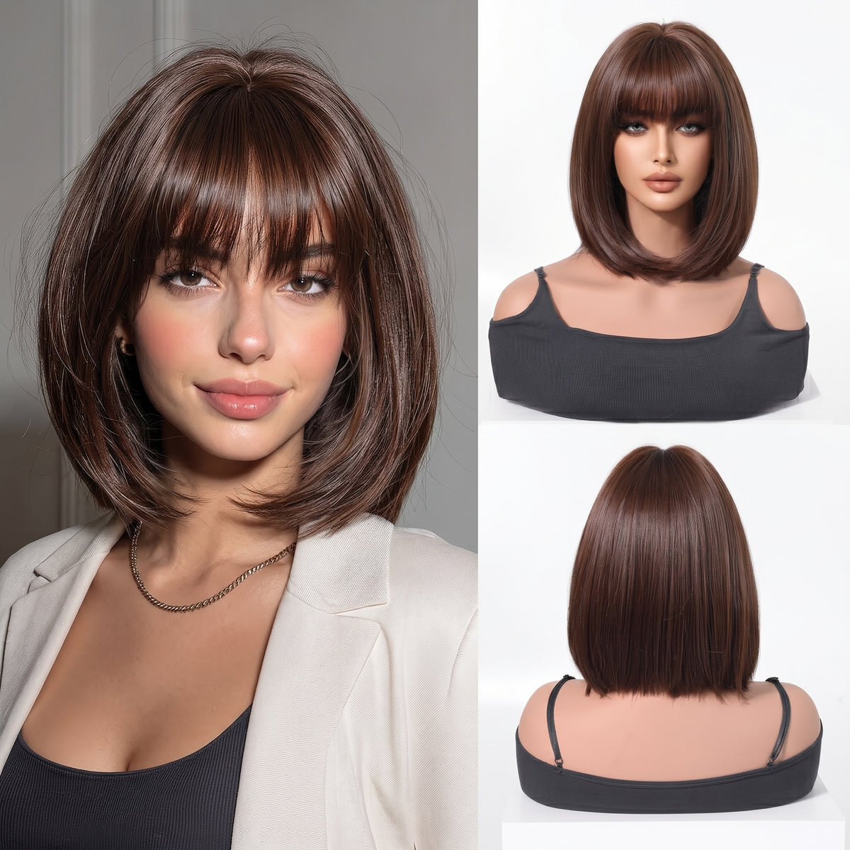 Classic White BOB Wig with Bangs — Short Straight Bobo Hairpiece for Women
