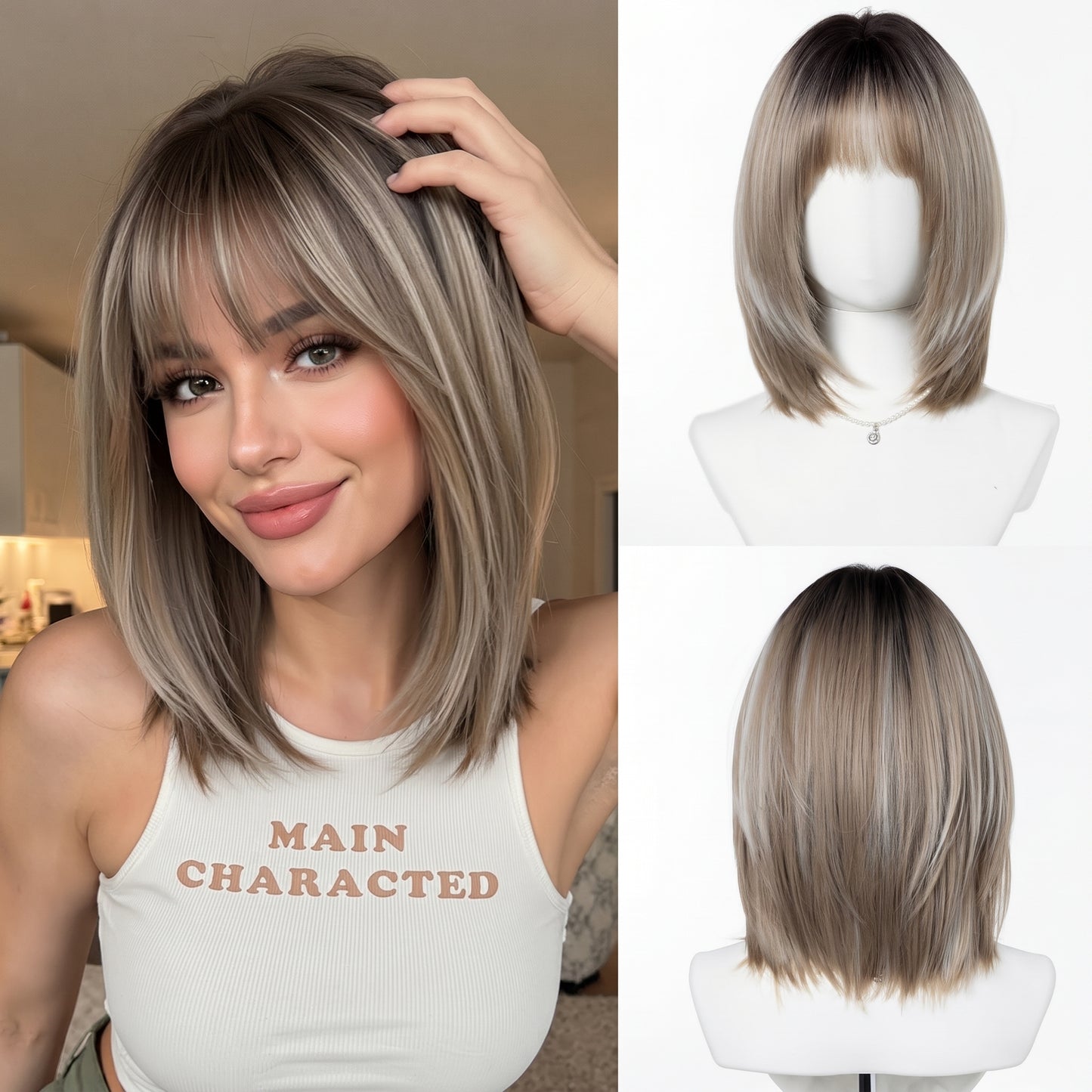 Classic White BOB Wig with Bangs — Short Straight Bobo Hairpiece for Women