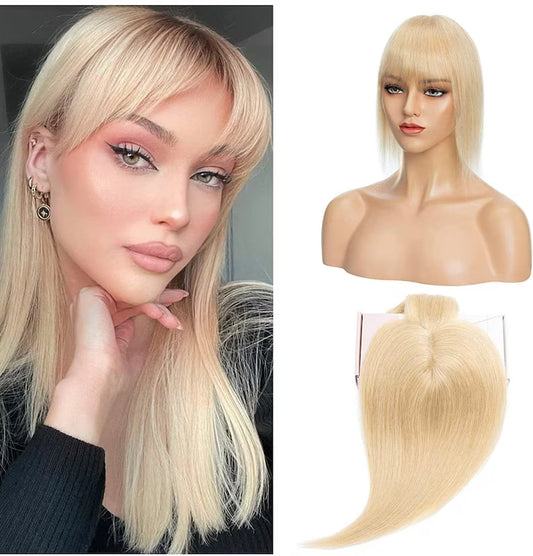 100% Virgin Remy Light Silver Mono Base Human Hair Topper With Bangs for Women
