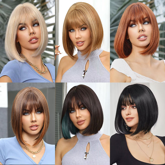 Straight Bob Wig with Airy Bangs - Short Synthetic Hair Wigs for Women