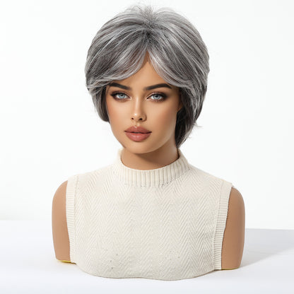 Natural Short Mixed Grey Synthetic Wigs for Older Women, Shaggy Layered Silver Grey Wig
