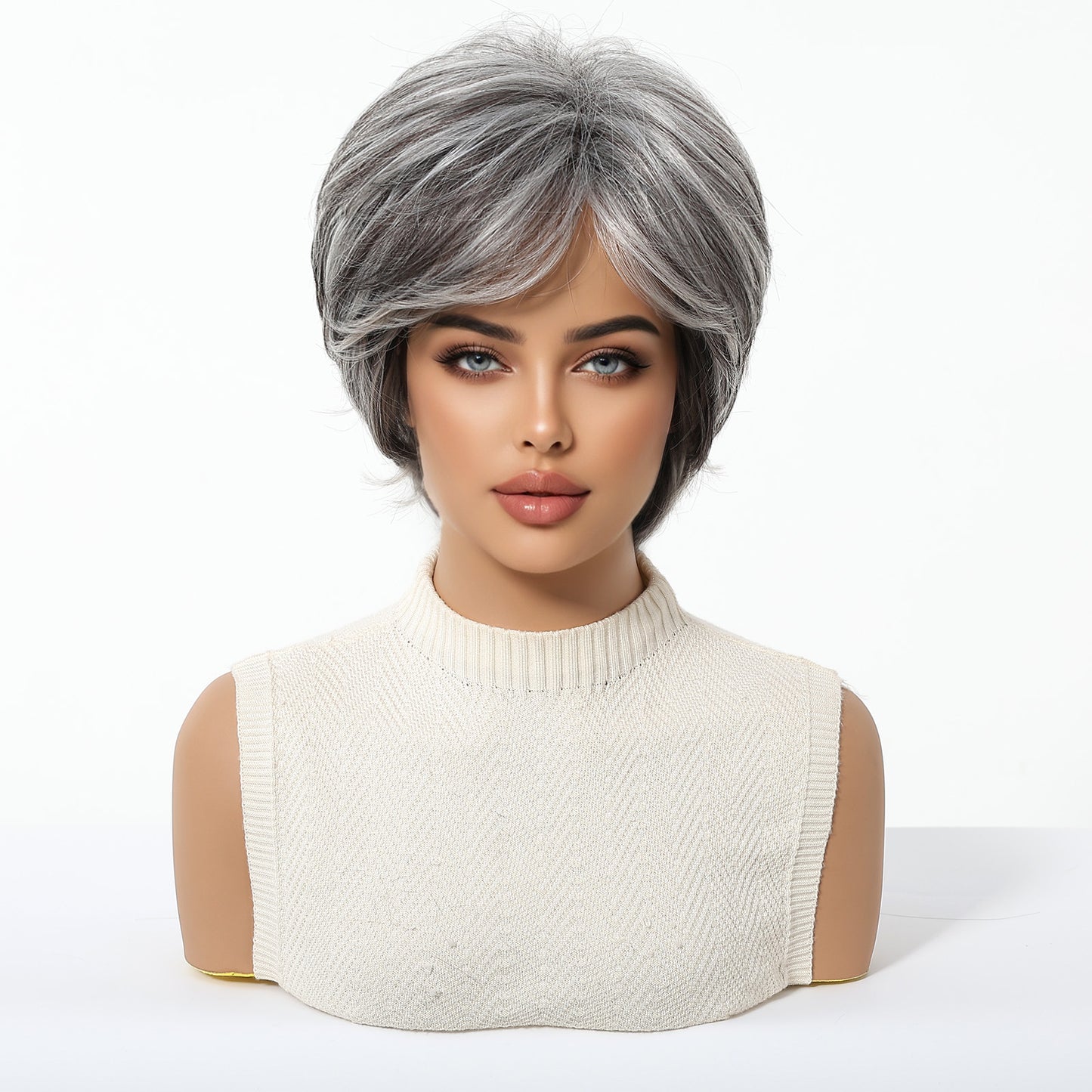 Natural Short Mixed Grey Synthetic Wigs for Older Women, Shaggy Layered Silver Grey Wig