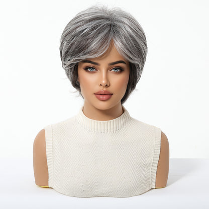 Natural Short Mixed Grey Synthetic Wigs for Older Women, Shaggy Layered Silver Grey Wig