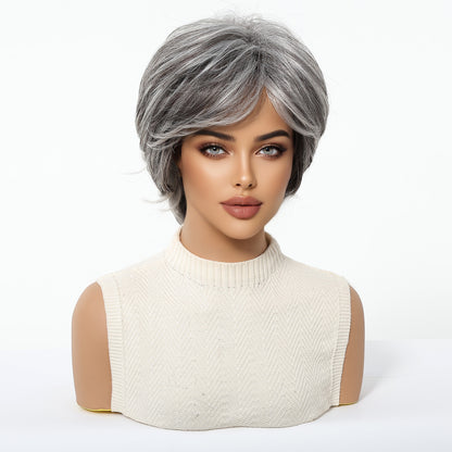 Natural Short Mixed Grey Synthetic Wigs for Older Women, Shaggy Layered Silver Grey Wig