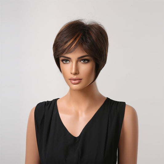 Natural Short Dark Brown Synthetic Wig, Brown Mix Blonde Highlights Pixie Cut Wig with Fringe