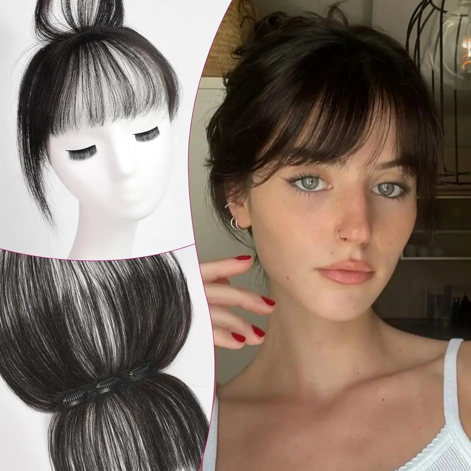 100% Real Human Hair Bangs 3 Secure Clips in Remy Hair Extensions for Woman 360° Full Coverage Natural Air Bangs with Temples - VIVACROWN