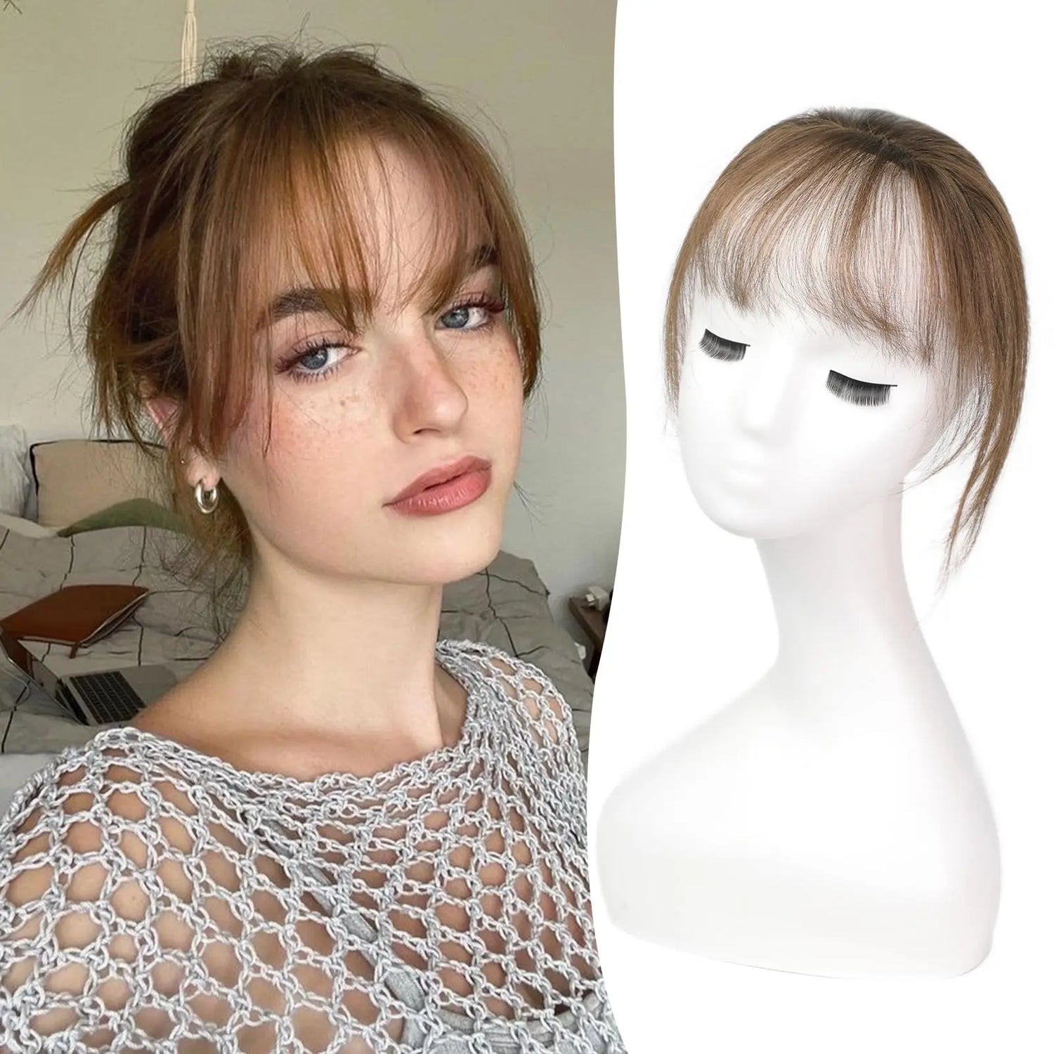 100% Real Human Hair Bangs 3 Secure Clips in Remy Hair Extensions for Woman 360° Full Coverage Natural Air Bangs with Temples - VIVACROWN