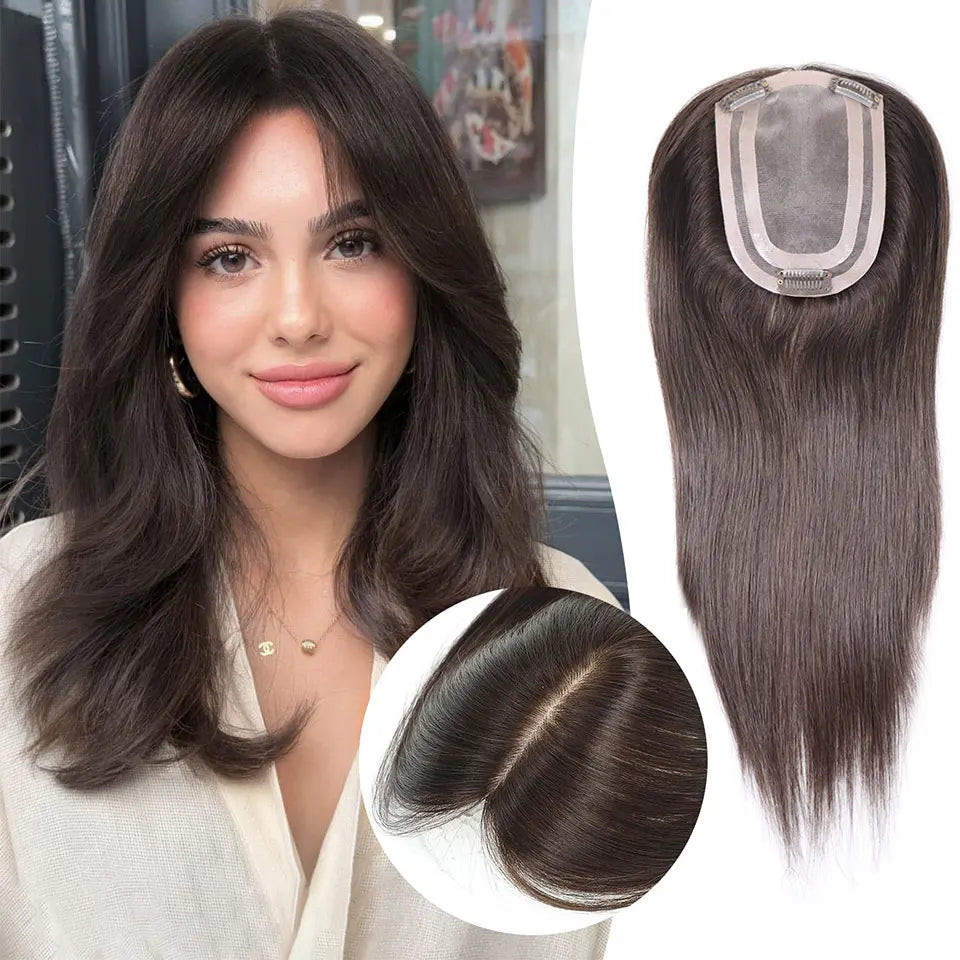 4x6in Human Hair Topper For Woman Clip-In One Piece Invisible Toupee Hair MONO&PU Base Hairpiece