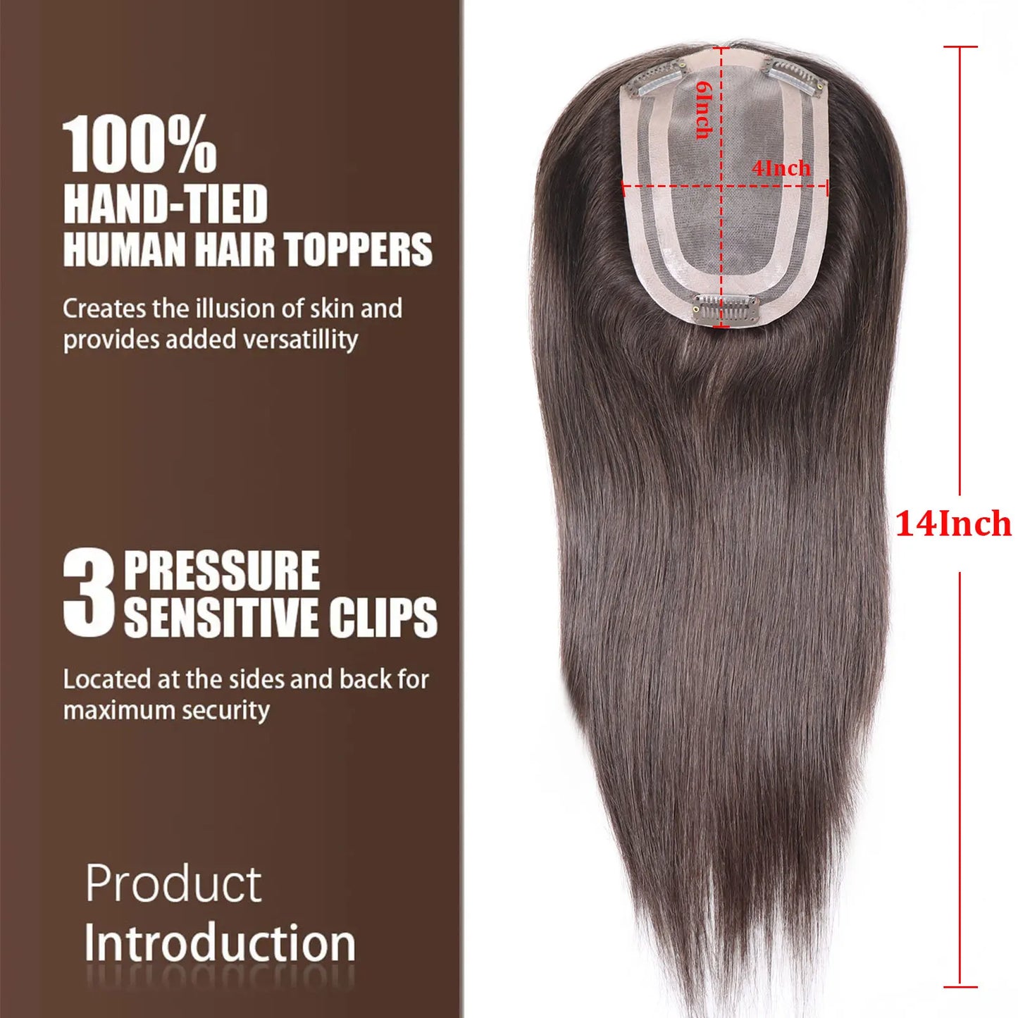4x6in Human Hair Topper For Woman Clip-In One Piece Invisible Toupee Hair MONO&PU Base Hairpiece