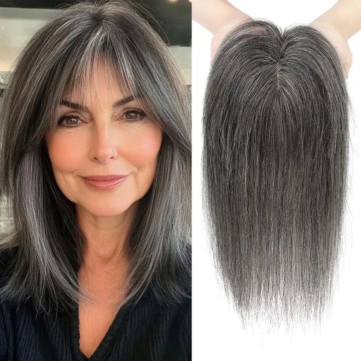 10*12CM 100% Virgin Remy Light Silver Mono Base Human Hair Toppers With Bangs for Women - VIVACROWN