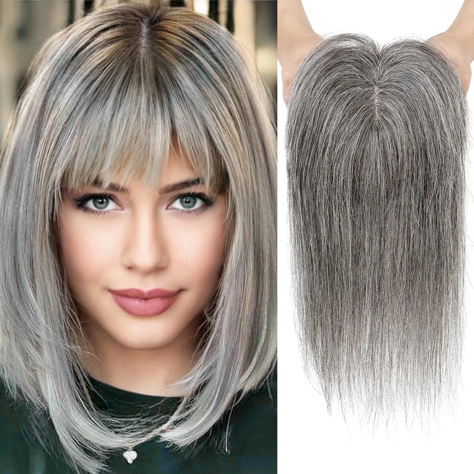10*12CM 100% Virgin Remy Light Silver Mono Base Human Hair Toppers With Bangs for Women - VIVACROWN