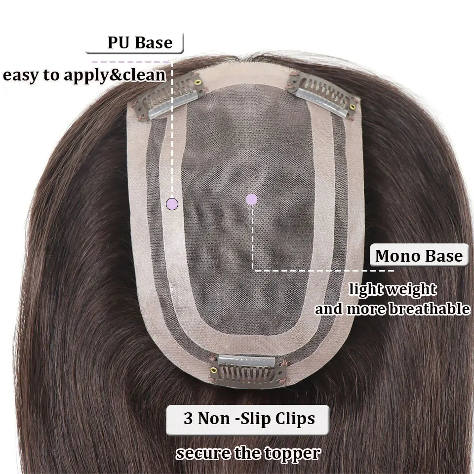4x6in Human Hair Topper For Woman Clip-In One Piece Invisible Toupee Hair MONO&PU Base Hairpiece
