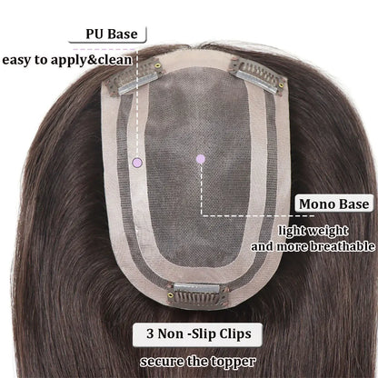 4x6in Human Hair Topper For Woman Clip-In One Piece Invisible Toupee Hair MONO&PU Base Hairpiece