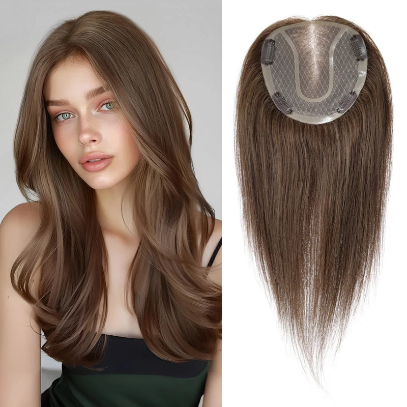 VivaCrown brown Remy human hair topper with a full mono base shown beside a finished look
